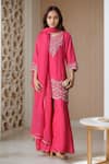 Buy_Samyukta Singhania_Pink Kurta And Pant Dola Silk Embroidered Thread Notched Straight Sharara Set _at_Aza_Fashions