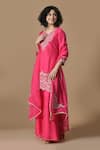 Shop_Samyukta Singhania_Pink Kurta And Pant Dola Silk Embroidered Thread Notched Straight Sharara Set _Online_at_Aza_Fashions