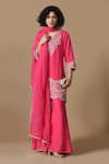 Samyukta Singhania_Pink Kurta And Pant Dola Silk Embroidered Thread Notched Straight Sharara Set _at_Aza_Fashions