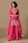 Shop_Samyukta Singhania_Pink Kurta And Pant Dola Silk Embroidered Thread Notched Straight Sharara Set _at_Aza_Fashions