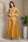 Buy_Samyukta Singhania_Yellow Chanderi Embroidered Thread Collared V Floral Vine Top And Pant Set _at_Aza_Fashions