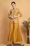 Samyukta Singhania_Yellow Chanderi Embroidered Thread Collared V Floral Vine Top And Pant Set _Online_at_Aza_Fashions