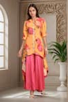 Buy_Samyukta Singhania_Pink Kurta Muslin Printed Floral Round Frilled Asymmetric And Flared Pant Set _at_Aza_Fashions