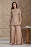 Buy_Samyukta Singhania_Brown Chanderi Embroidered Thread Round Kurta And Flared Pant Set _at_Aza_Fashions