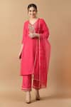 Shop_Samyukta Singhania_Pink Kurta And Pant Upada Silk Embroidered Thread V Neck Set _Online_at_Aza_Fashions