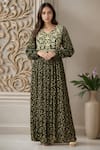 Buy_Samyukta Singhania_Green Chiffon Georgette Print Leaf Round Floral Embroidered Gown With Belt _at_Aza_Fashions