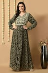 Samyukta Singhania_Green Chiffon Georgette Print Leaf Round Floral Embroidered Gown With Belt _Online_at_Aza_Fashions