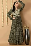 Samyukta Singhania_Green Chiffon Georgette Print Leaf Round Floral Embroidered Gown With Belt _at_Aza_Fashions