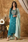 Samyukta Singhania_Blue Kurta And Pant Satin Embroidery Floral V-neck & Set _Online_at_Aza_Fashions