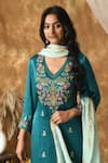 Buy_Samyukta Singhania_Blue Kurta And Pant Satin Embroidery Floral V-neck & Set _Online_at_Aza_Fashions