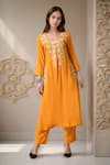 Buy_Samyukta Singhania_Yellow Cotton Rayon Embroidery Floral V-neck Thread Pleat Kurta With Pant _at_Aza_Fashions