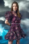 Buy_Verano by Tanya_Wine Shell Organza Printed Floral Collar Andrea Ruffle Dress _Online_at_Aza_Fashions