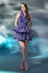 Buy_Verano by Tanya_Blue Shell Organza Printed Floral Mandarin Collar Eden Dress _Online_at_Aza_Fashions