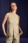 Verano by Tanya_Gold Shell Cotton Tweed Embellished Pearl Round Neck Georgia Waistcoat _Online_at_Aza_Fashions