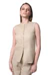 Buy_Verano by Tanya_Gold Shell Cotton Tweed Embellished Pearl Round Neck Georgia Waistcoat _Online_at_Aza_Fashions