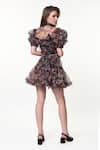 Shop_Verano by Tanya_Black Organza Printed Floral Mandarin Collar Naomi Ruffle Dress _at_Aza_Fashions