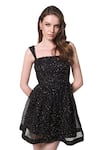 Verano by Tanya_Black Shell Embroidered Organza Sequin Square Neck Scarlet Dress _at_Aza_Fashions