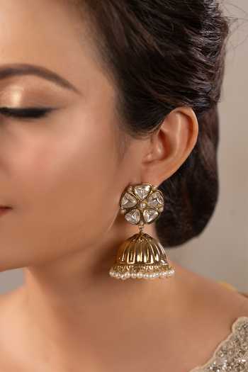 Shop_Anana_White Gaurangi Polki Embellished Jhumkas _at_Aza_Fashions