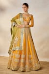 Buy_Masaba_Yellow Raw Silk Embroidery Dori Wide V Neck Imarti Raj Pankh Bridal Lehenga Set _at_Aza_Fashions