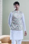 Buy_Aryavir Malhotra_Beige Jacquard Woven Paisley Nehru Jacket _at_Aza_Fashions