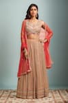 Buy_Alaya Advani_Brown Blouse Raw Silk Embroidery Mirror Notched Stripe Lehenga Set _at_Aza_Fashions