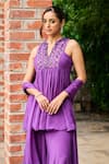 Ohaila Khan_Purple Chiffon Embroidery Cord Notched Arsia Bead Peplum Kurta Sharara Set _Online_at_Aza_Fashions