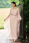 Buy_Ohaila Khan_Beige Crepe Embellished Pearl Boat Neck Niloufar Neckline Kaftan _at_Aza_Fashions