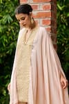 Ohaila Khan_Pink Satin Embroidery Cord Notched Noush Mirror Cape Kurta And Salwar Set _Online_at_Aza_Fashions