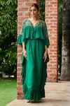 Buy_Ohaila Khan_Emerald Green Chiffon Embroidery Bead V Neck Ruffle Kaftan _at_Aza_Fashions