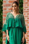 Ohaila Khan_Emerald Green Chiffon Embroidery Bead V Neck Ruffle Kaftan _Online_at_Aza_Fashions