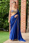 Buy_Ohaila Khan_Blue Satin Embellished Pearl Sweetheart Neck Ghazal Border Saree With Blouse _at_Aza_Fashions