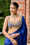 Shop_Ohaila Khan_Blue Satin Embellished Pearl Sweetheart Neck Ghazal Border Saree With Blouse _Online_at_Aza_Fashions