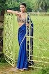 Ohaila Khan_Blue Satin Embellished Pearl Sweetheart Neck Ghazal Border Saree With Blouse _at_Aza_Fashions