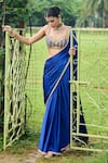 Buy_Ohaila Khan_Blue Satin Embellished Pearl Sweetheart Neck Ghazal Border Saree With Blouse 