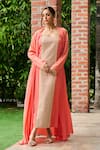 Buy_Ohaila Khan_Coral Crepe Embellished Mirror Dress Square Neck Mahnaz Work With Cape _at_Aza_Fashions