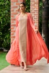 Ohaila Khan_Coral Crepe Embellished Mirror Dress Square Neck Mahnaz Work With Cape _Online_at_Aza_Fashions