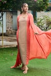 Shop_Ohaila Khan_Coral Crepe Embellished Mirror Dress Square Neck Mahnaz Work With Cape _Online_at_Aza_Fashions