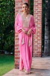 Buy_Ohaila Khan_Pink Crepe Embellished Mirror V Neck Bead Yoke Kaftan _at_Aza_Fashions