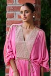 Ohaila Khan_Pink Crepe Embellished Mirror V Neck Bead Yoke Kaftan _Online_at_Aza_Fashions