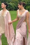 Ohaila Khan_Beige Satin Embellished Mirror Blunt V Neck Tara Pre-stitched Saree With Blouse _Online_at_Aza_Fashions