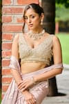 Buy_Ohaila Khan_Beige Satin Embellished Mirror Blunt V Neck Tara Pre-stitched Saree With Blouse _Online_at_Aza_Fashions