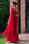 Shop_Ohaila Khan_Red Chiffon Embroidery Bead V Diar Fringe Bordered Pre-draped Saree With Blouse _at_Aza_Fashions