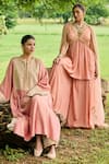 Ohaila Khan_Pink Chiffon Embroidery Sequin Plunge V Neck Aafreen Neckline Peplum Kurta Set _at_Aza_Fashions