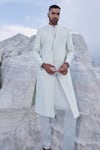 Buy_PIRI INDIA_Grey Dupion Silk Embroidery Thread Placement Sherwani Set _at_Aza_Fashions