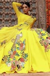 Shop_Gazab by Miku Kumar_Yellow Muslin Printed Botanical Round Saiba Anarkali With Belt _Online_at_Aza_Fashions