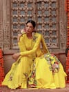 Gazab by Miku Kumar_Yellow Muslin Printed Botanical Round Saiba Anarkali With Belt _at_Aza_Fashions