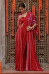 Buy_Gazab by Miku Kumar_Maroon Muslin Printed Floral Blouse Elsa Pre-draped Pant Saree Set With Cape _at_Aza_Fashions