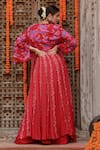 Shop_Gazab by Miku Kumar_Maroon Muslin Printed Floral Blouse Elsa Pre-draped Pant Saree Set With Cape _at_Aza_Fashions