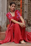 Buy_Gazab by Miku Kumar_Maroon Muslin Printed Floral Blouse Elsa Pre-draped Pant Saree Set With Cape _Online_at_Aza_Fashions