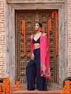 Gazab by Miku Kumar_Pink Muslin Printed Floral Bustier Plunge Zuhi Cape With Pant Set _at_Aza_Fashions